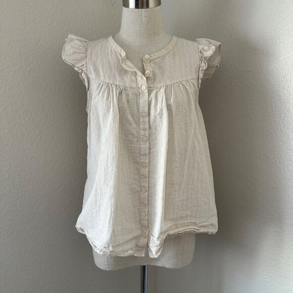 Madewell Blouse Ruffle Sleeve Cotton Metallic Stripes Front Closure, Airy Sz M - Picture 2 of 12